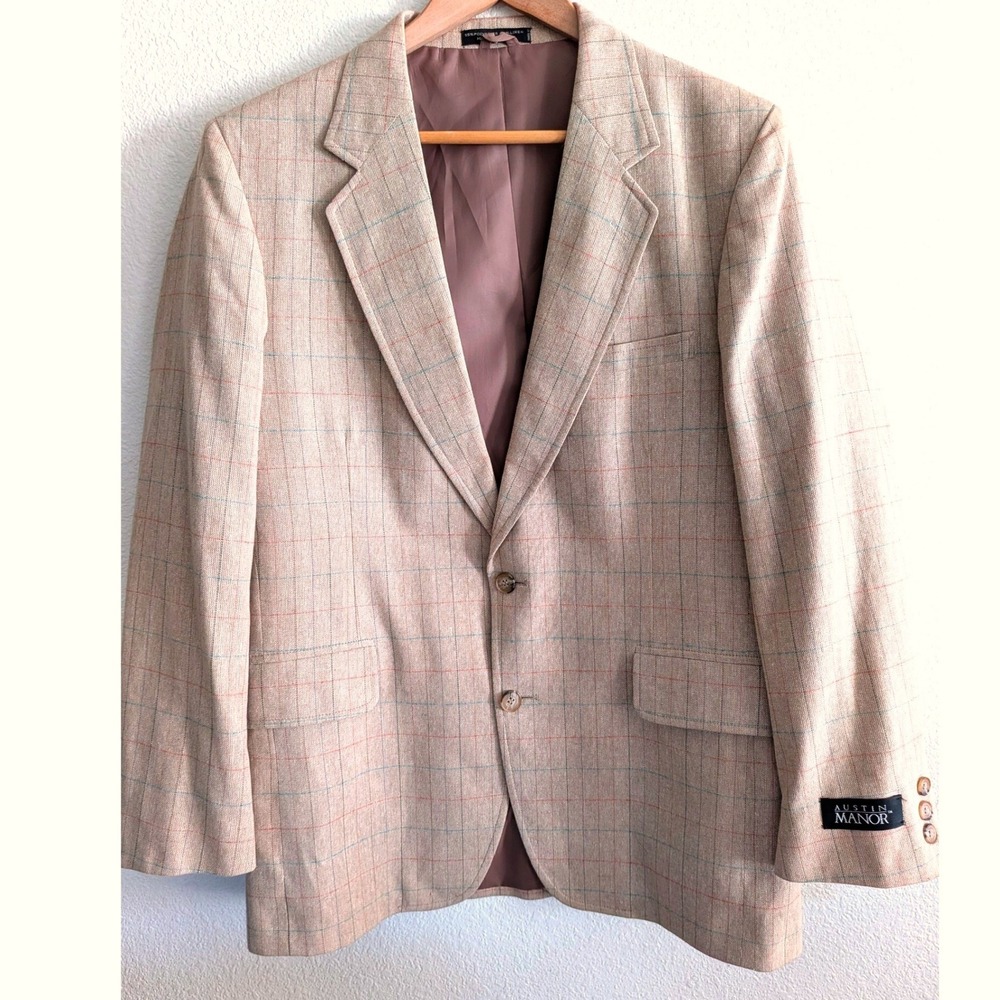 Vintage Austin Manor Linen Blend Sport Coat 42R Tan Windowpane Blazer Jacket